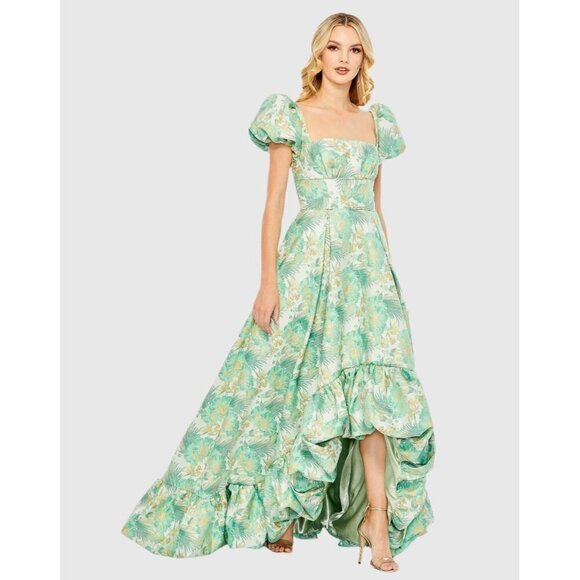 MAC DUGGAL Size 6 Green Floral Brocade 68276 Puff Sleeve High Low Gown Dress New - Picture 2 of 12